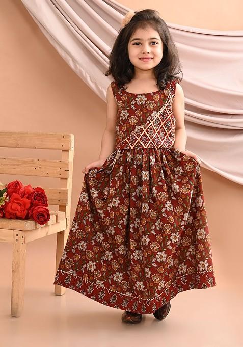 Maroon Printed Cotton Blend Lehenga Choli For Girls — view on Indya