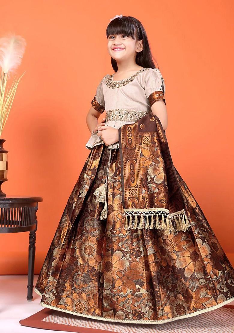 Brown Embroidered Blended Lehenga Choli For Girls - Indya