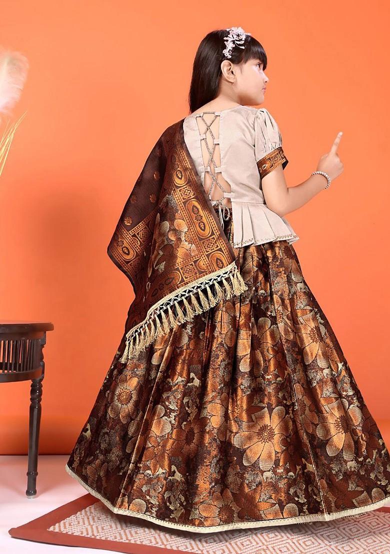 Brown Embroidered Blended Lehenga Choli For Girls - Indya