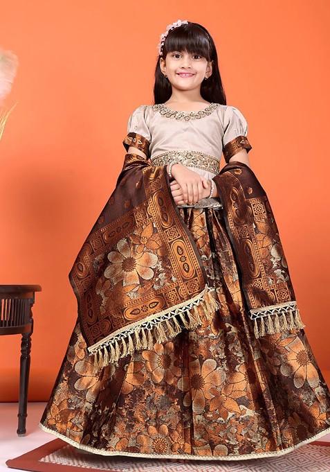 Brown Embroidered Blended Lehenga Choli For Girls — view on Indya