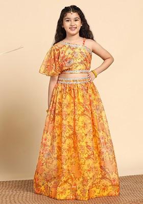 Yellow Printed Blended Lehenga Choli For Girls