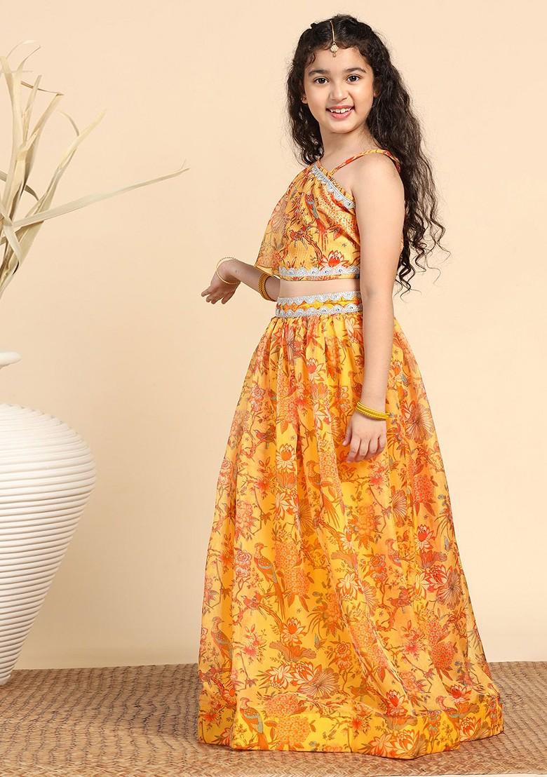 Yellow Printed Blended Lehenga Choli For Girls - Indya