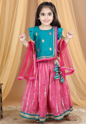 Green Embroidered Blended Lehenga Choli For Girls