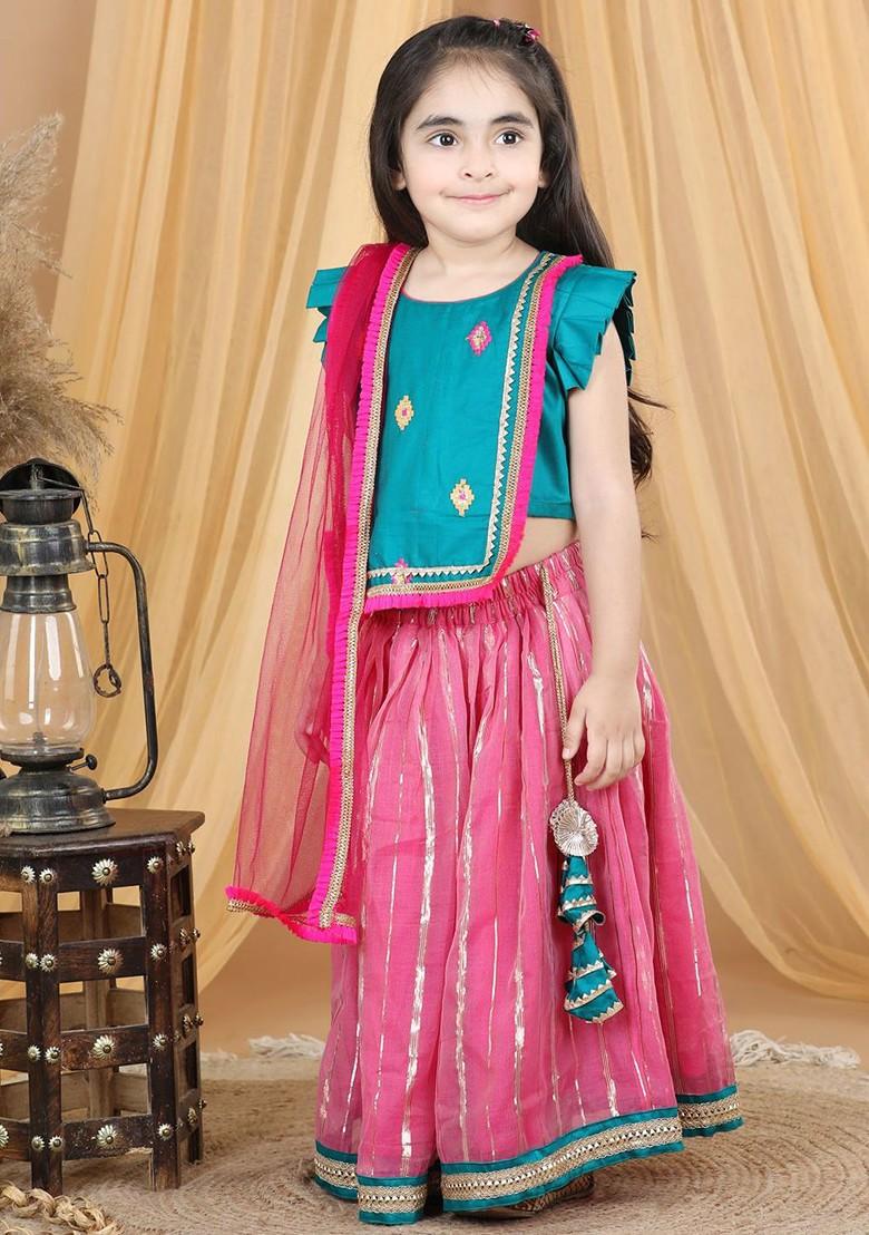 Green Embroidered Blended Lehenga Choli For Girls - Indya
