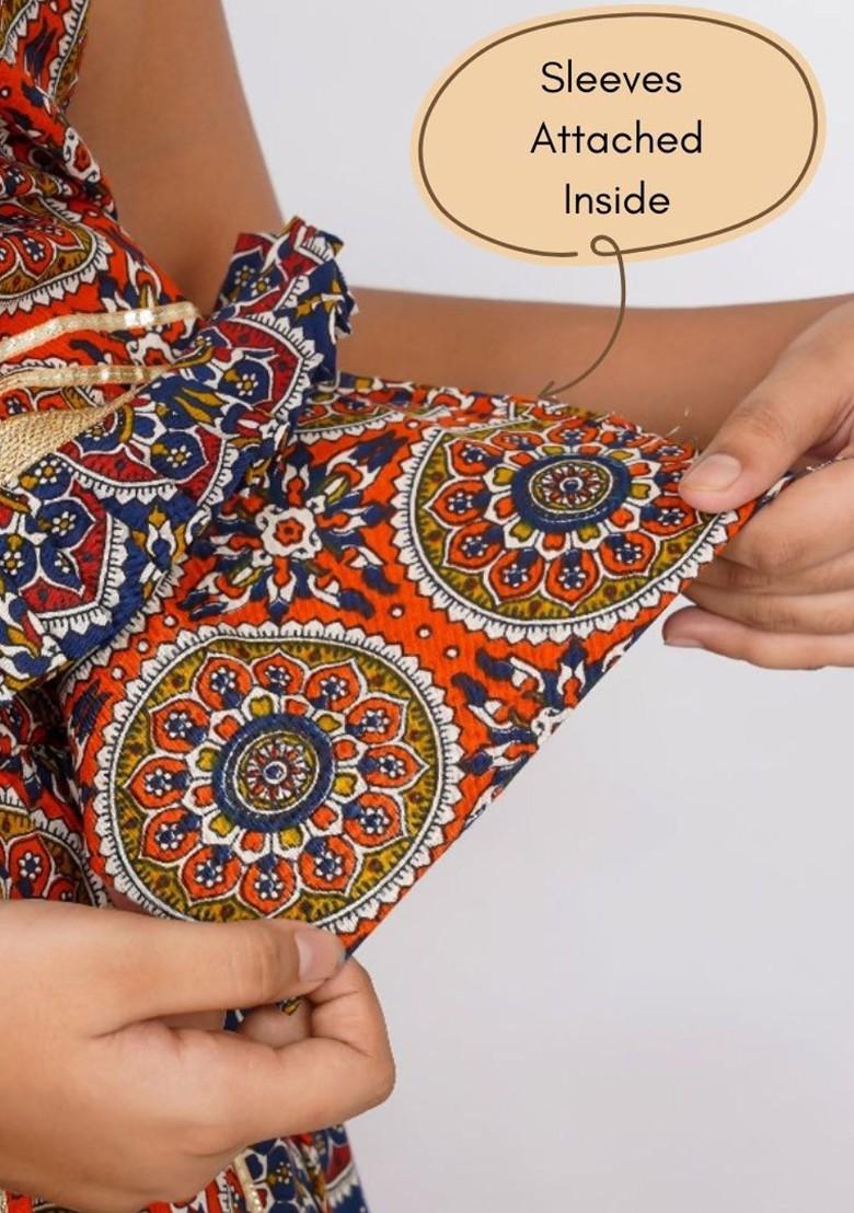 Orange Printed Cotton Blend Lehenga Choli For Girls - Indya