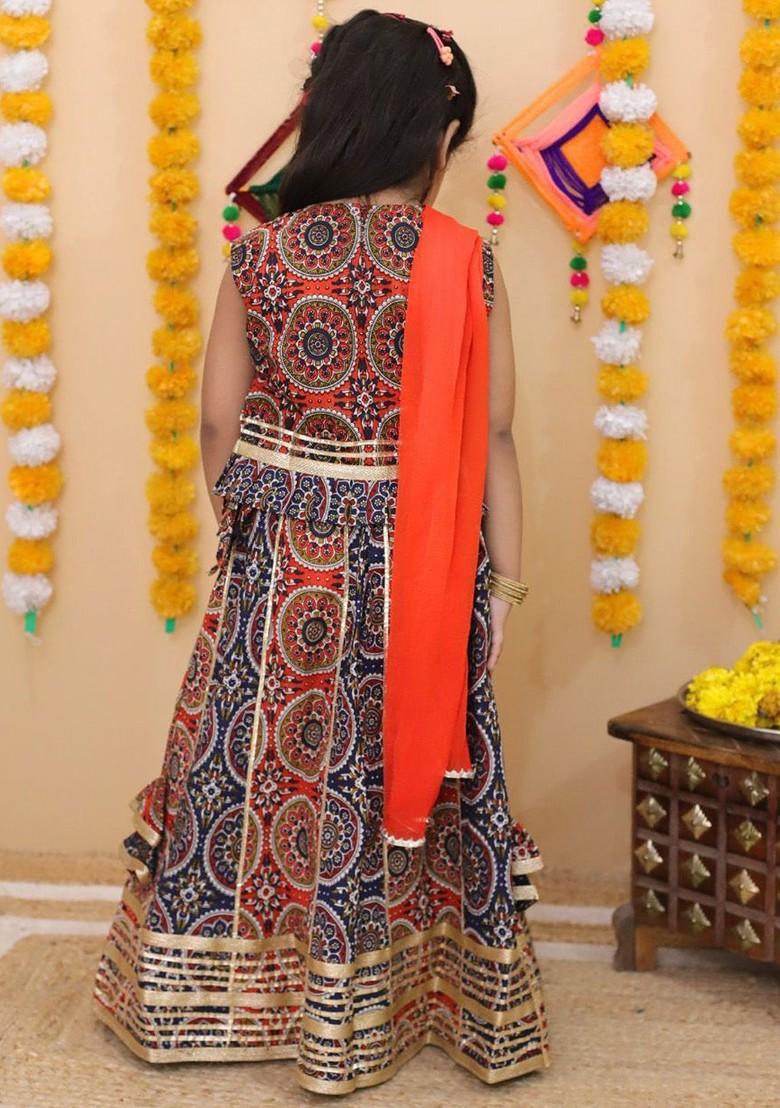 Orange Printed Cotton Blend Lehenga Choli For Girls - Indya