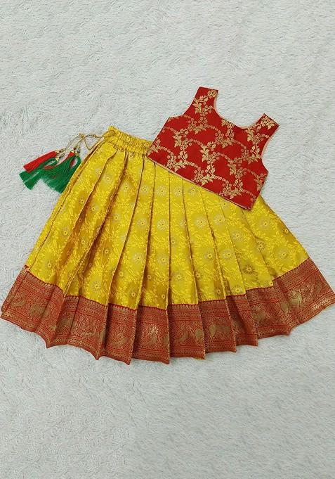 Red Embroidered Blended Lehenga Choli For Girls