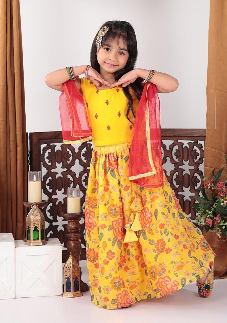Yellow Embroidered Blended Lehenga Choli For Girls - Indya
