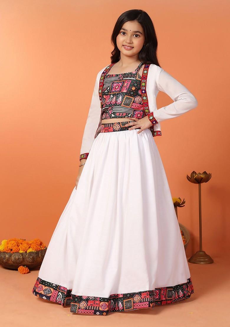 White Printed Blended Lehenga Choli For Girls - Indya