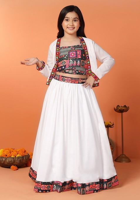 White Printed Blended Lehenga Choli For Girls