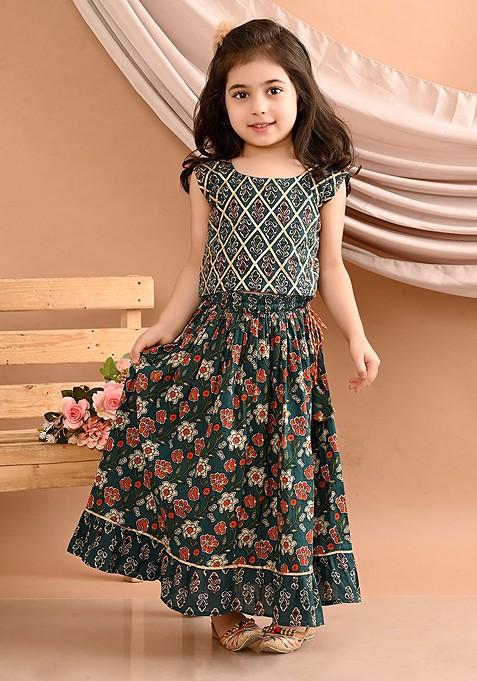 Blue Printed Cotton Blend Lehenga Choli For Girls