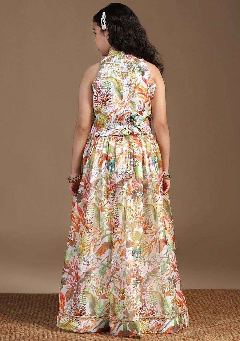 White Printed Blended Lehenga Choli For Girls - Indya