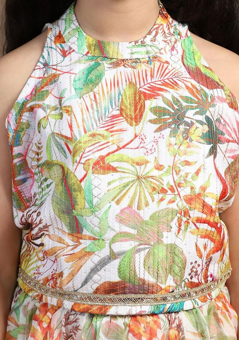 White Printed Blended Lehenga Choli For Girls - Indya