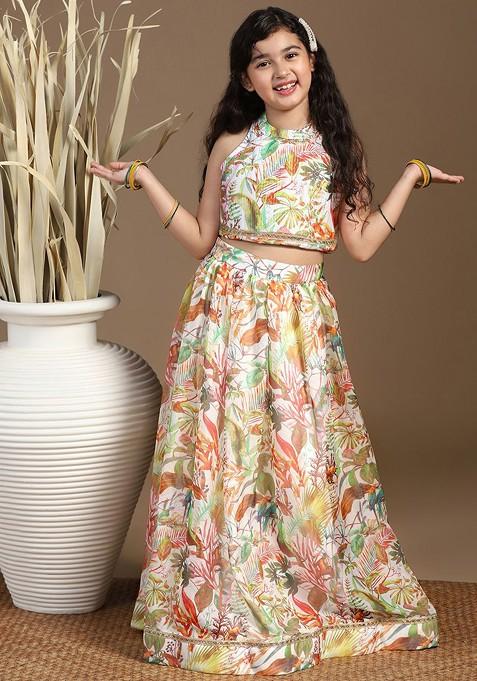 White Printed Blended Lehenga Choli For Girls