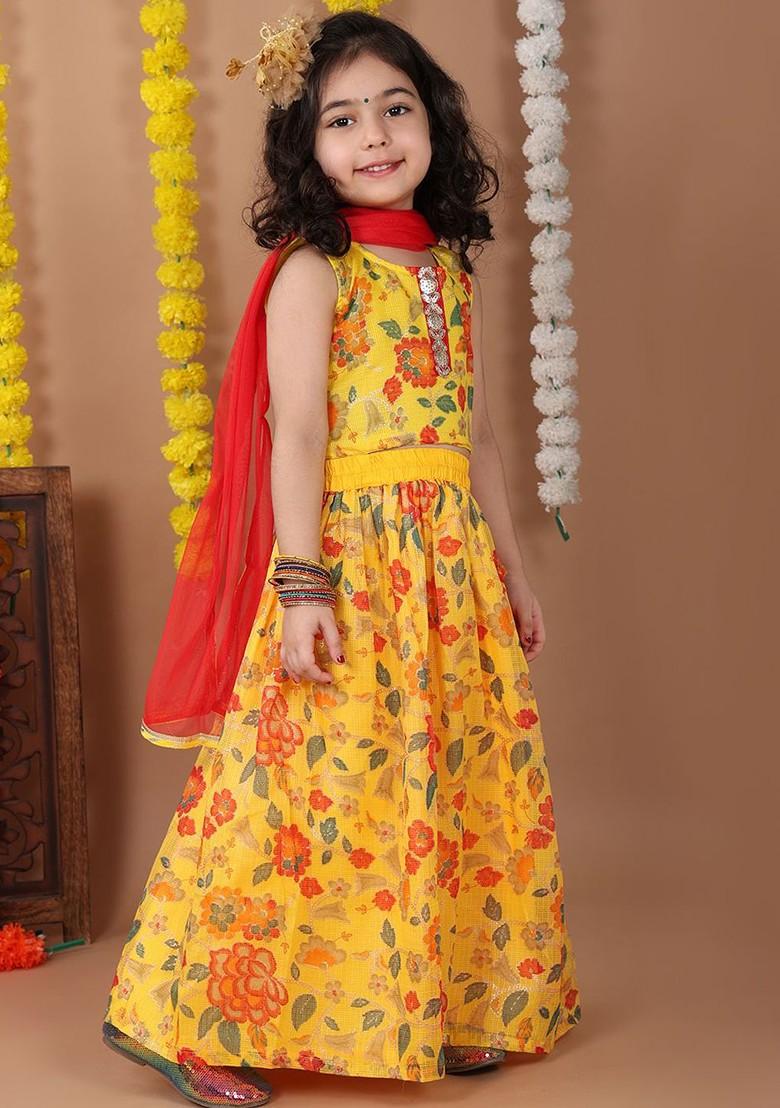 Yellow Embellished Blended Lehenga Choli For Girls - Indya