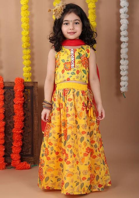 Yellow Embellished Blended Lehenga Choli For Girls — view on Indya