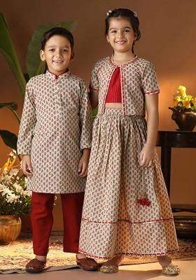 Sea Green Printed Cotton Blend Lehenga Choli For Girls