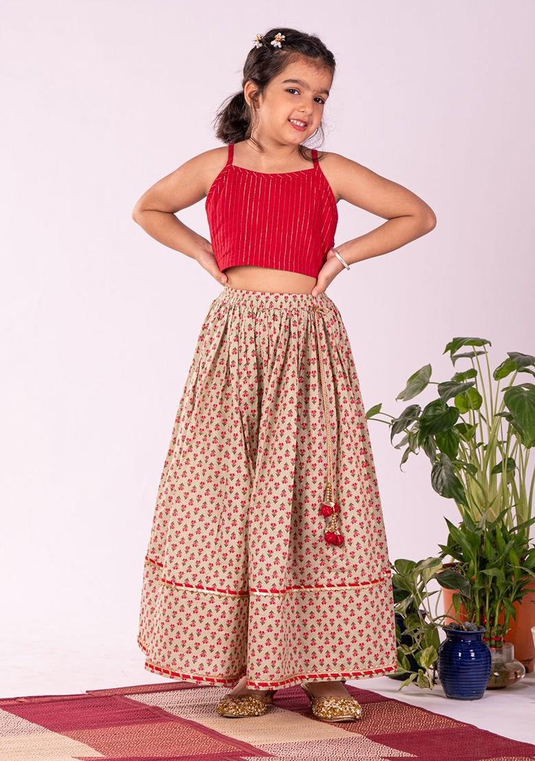 Sea Green Printed Cotton Blend Lehenga Choli For Girls - Indya