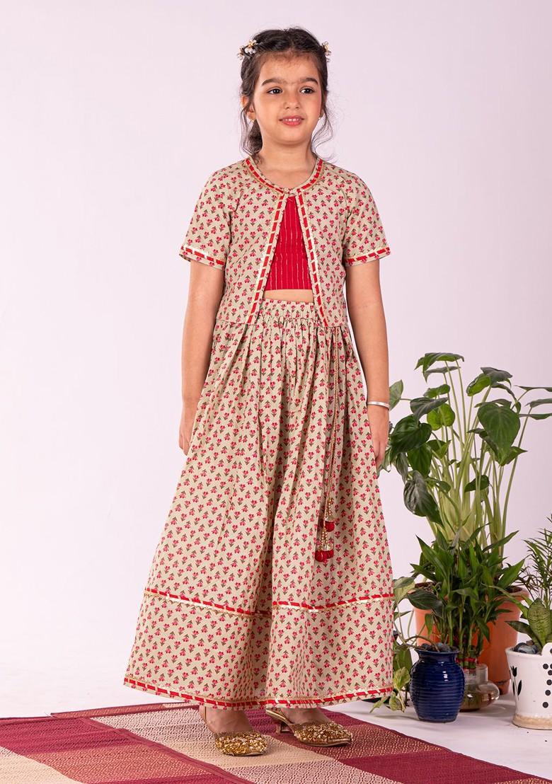 Sea Green Printed Cotton Blend Lehenga Choli For Girls - Indya