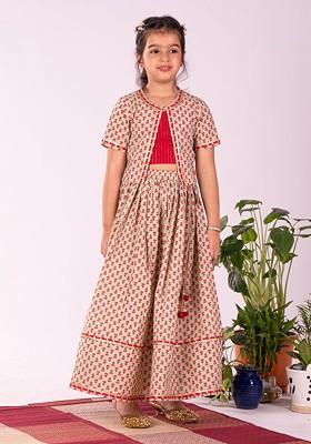 Green Printed Blended Lehenga Choli For Girls