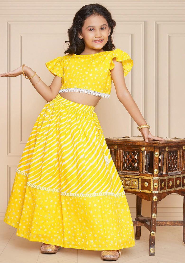 Yellow Printed Cotton Blend Lehenga Choli For Girls - Indya