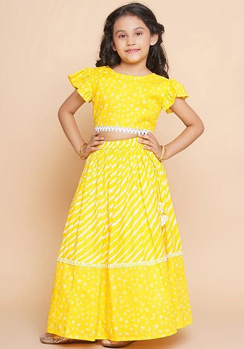 Yellow Printed Cotton Blend Lehenga Choli For Girls — view on Indya