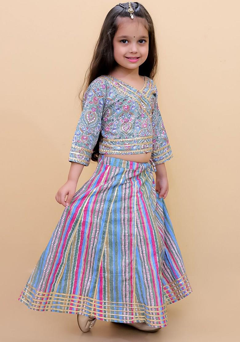 Blue Printed Blended Lehenga Choli For Girls - Indya
