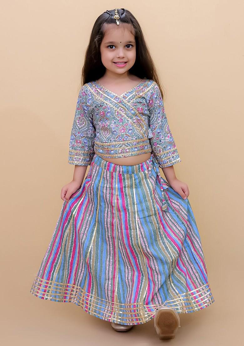 Blue Printed Blended Lehenga Choli For Girls - Indya