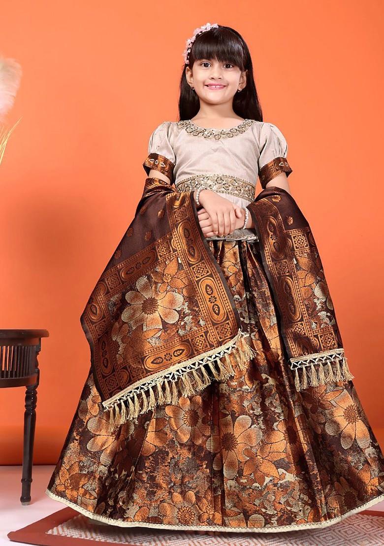 Brown Embroidered Blended Lehenga Choli For Girls - Indya