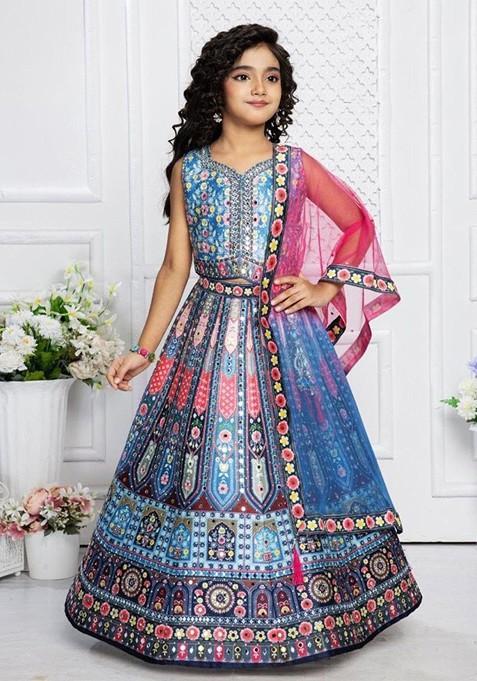 Blue Printed Blended Lehenga Choli For Girls
