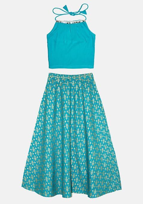 Green Embellished Blended Lehenga Choli For Girls — view on Indya