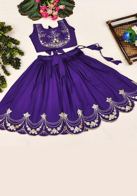 Blue Embroidered Silk Lehenga Choli For Girls