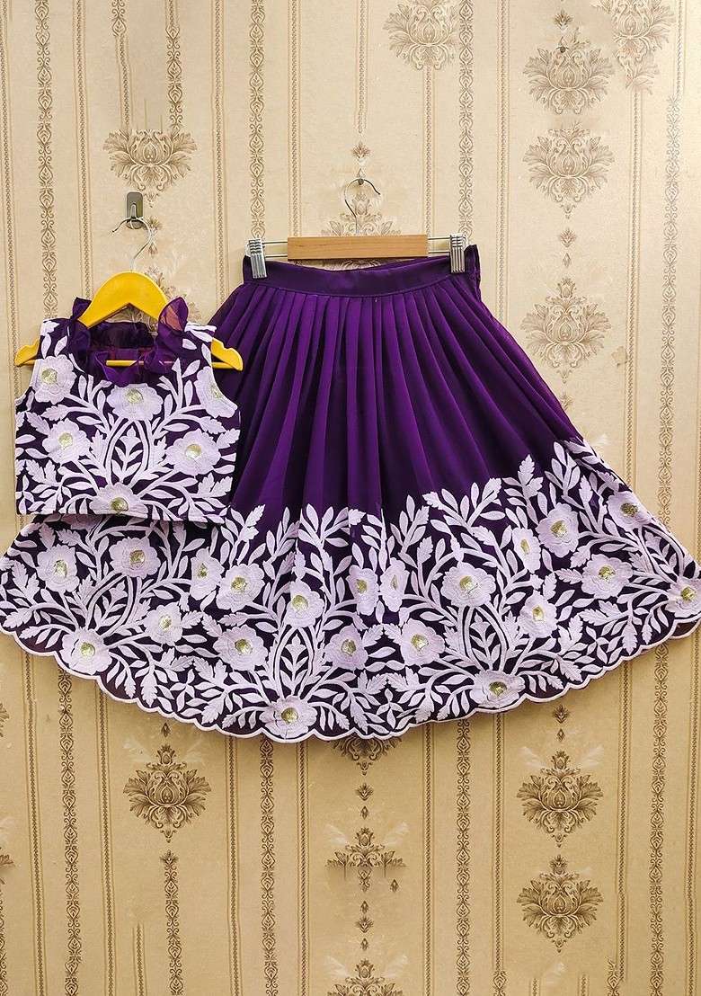 Lavender Embroidered Silk Lehenga Choli For Girls - Indya