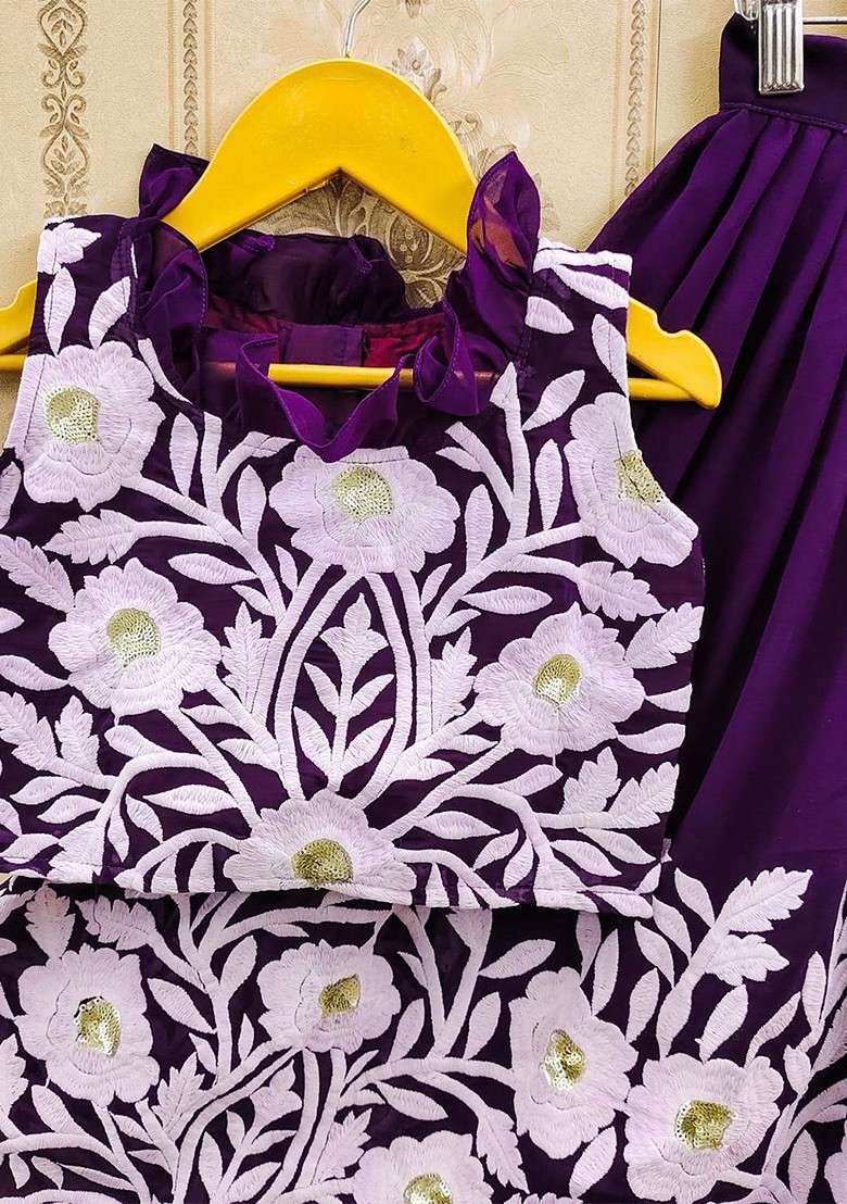Lavender Embroidered Silk Lehenga Choli For Girls - Indya