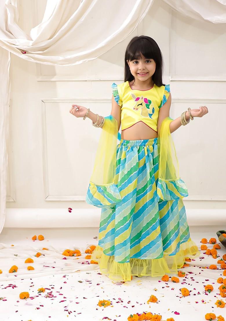 Yellow Embroidered Blended Lehenga Choli For Girls - Indya