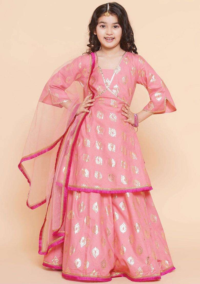 Peach Printed Cotton Lehenga Set For Girls - Indya