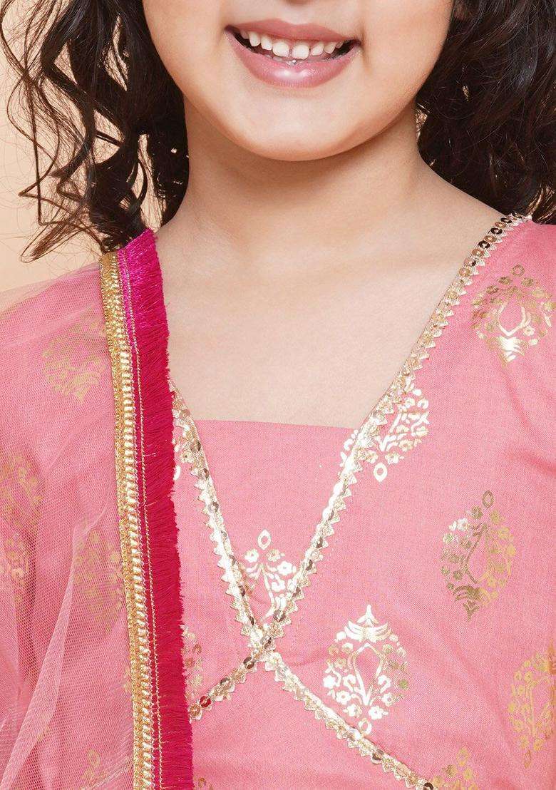 Peach Printed Cotton Lehenga Set For Girls - Indya