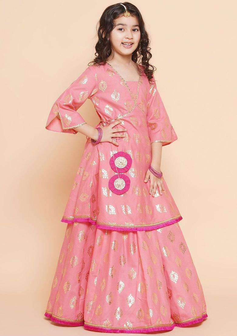 Peach Printed Cotton Lehenga Set For Girls - Indya