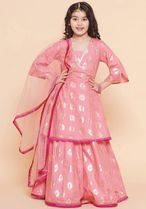 Peach Printed Cotton Lehenga Set For Girls — view on Indya