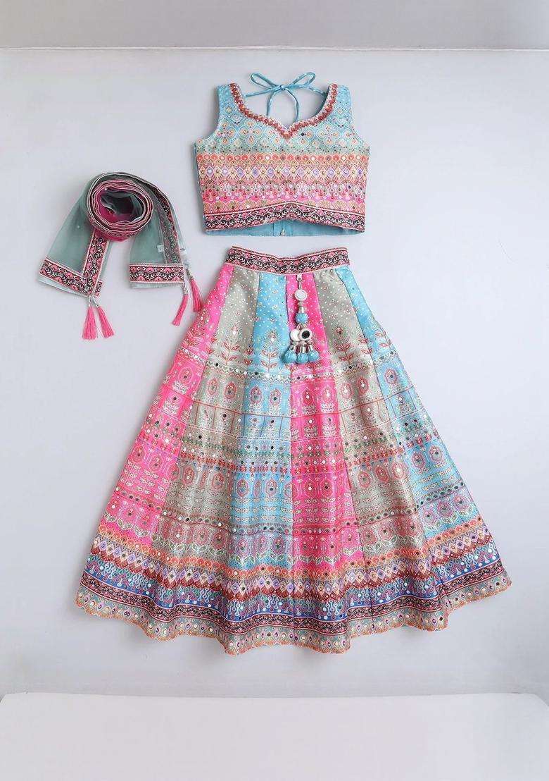 Multi Printed Silk Lehenga Set For Girls - Indya
