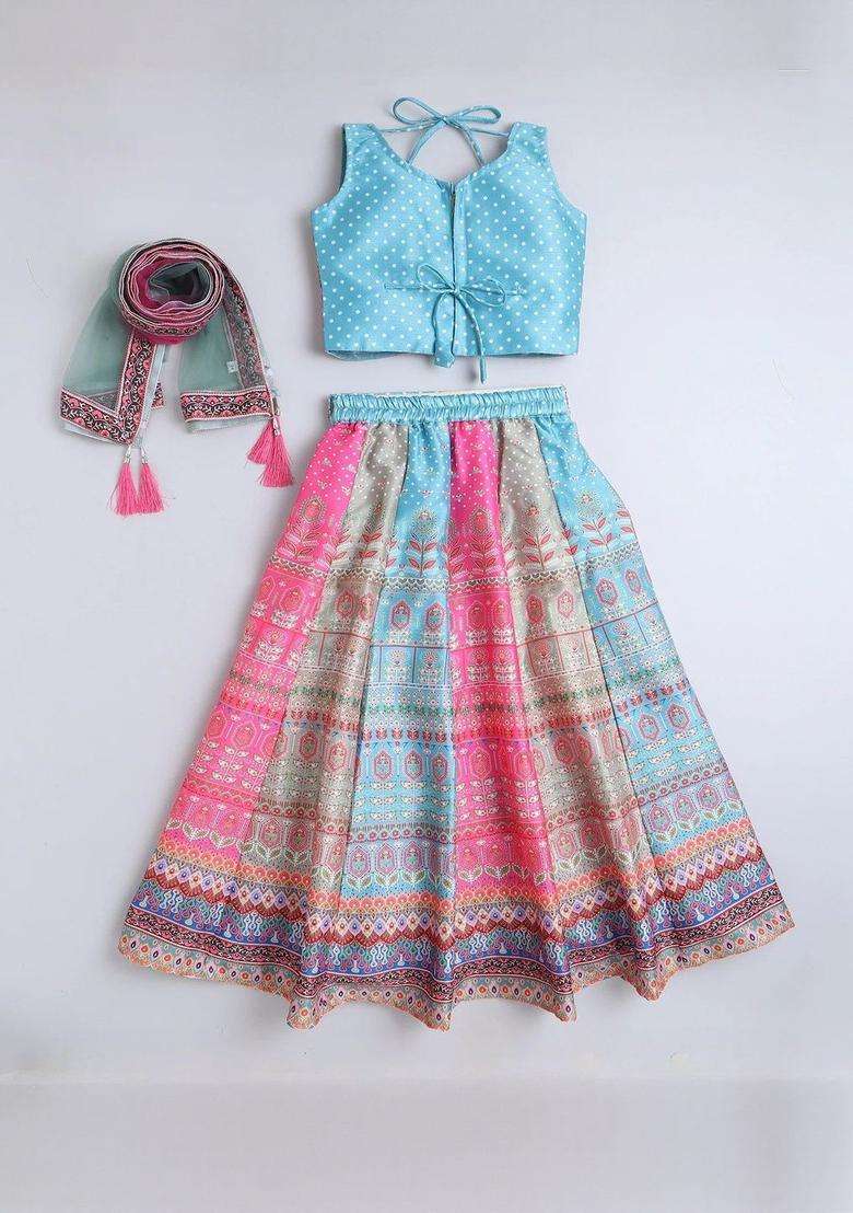Multi Printed Silk Lehenga Set For Girls - Indya
