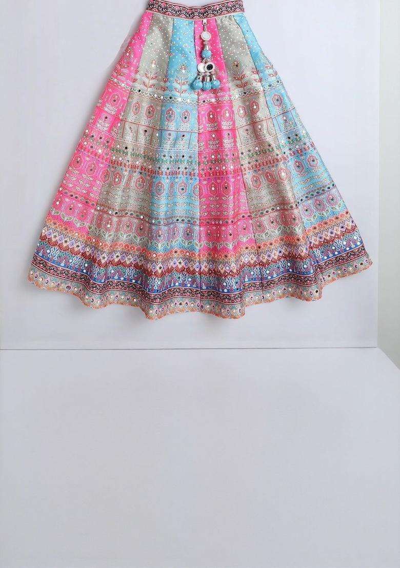 Multi Printed Silk Lehenga Set For Girls - Indya