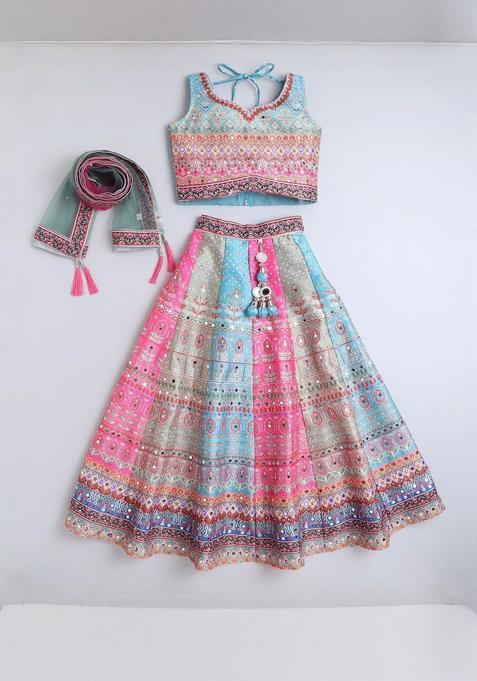 Multi Printed Silk Lehenga Set For Girls — view on Indya