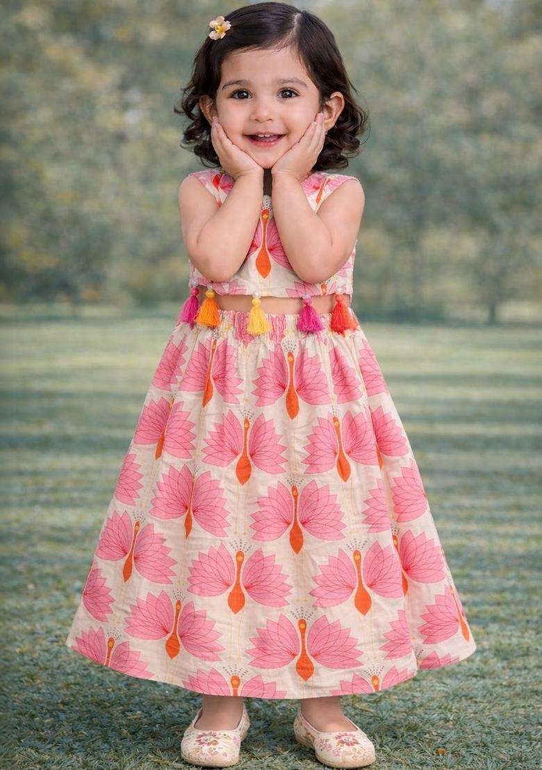 Beige Printed Cotton Lehenga Set For Girls - Indya