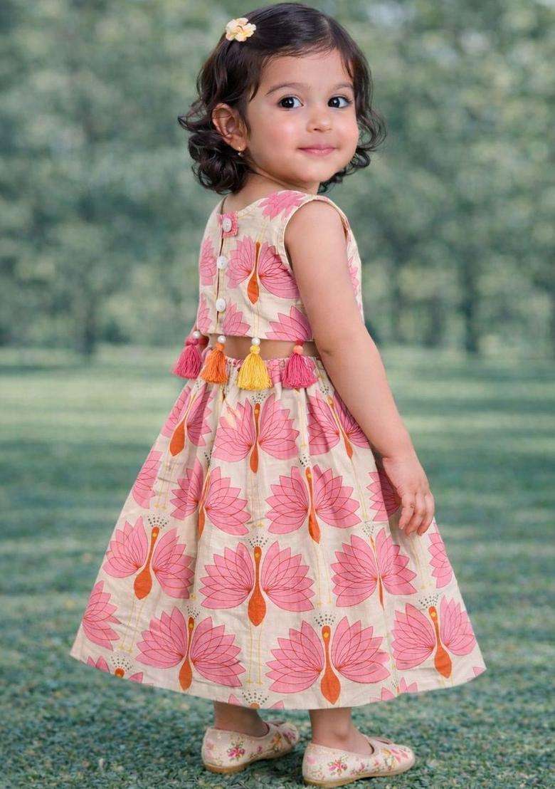 Beige Printed Cotton Lehenga Set For Girls - Indya