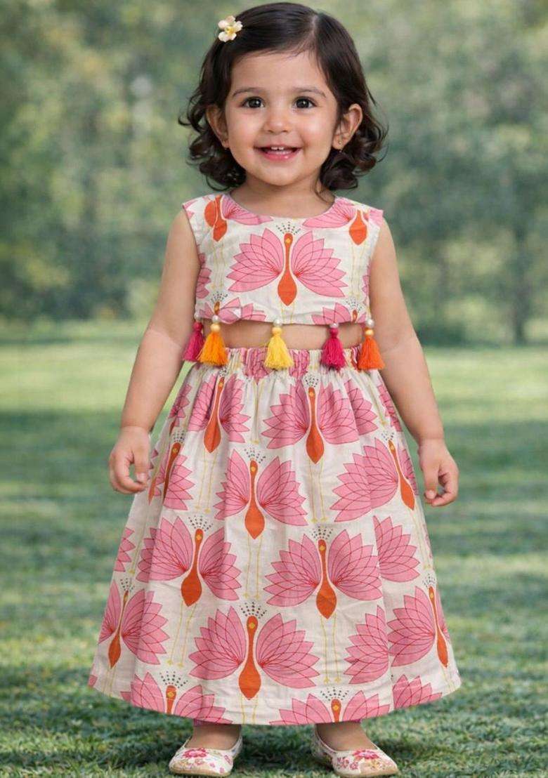 Beige Printed Cotton Lehenga Set For Girls - Indya
