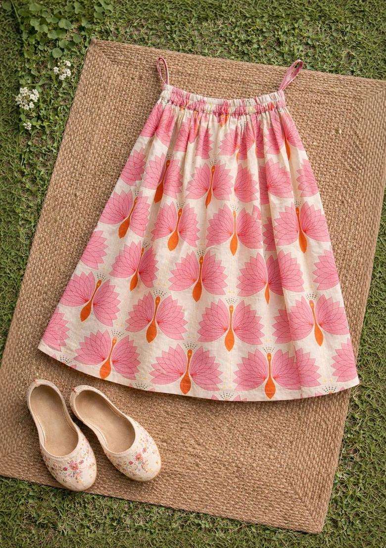 Beige Printed Cotton Lehenga Set For Girls - Indya