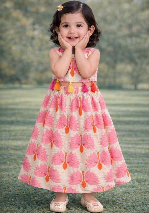Beige Printed Cotton Lehenga Set For Girls — view on Indya