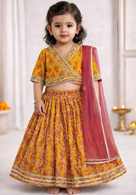 Yellow Printed Cotton Lehenga Set For Girls — view on Indya