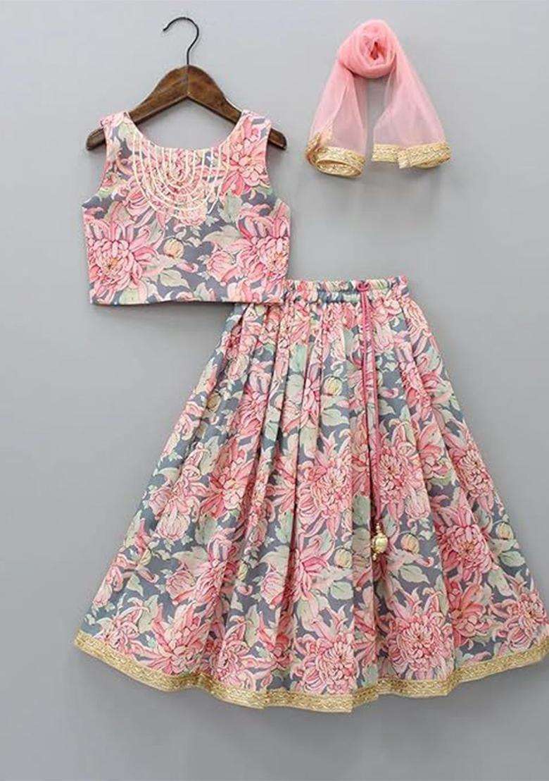 Peach Solid Silk Lehenga Set For Girls - Indya